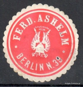 Winieta, siegielmarke , zalepka  - Ferd. Ashelm - Berlin , Schutzmarke Helm - Nr 880/A